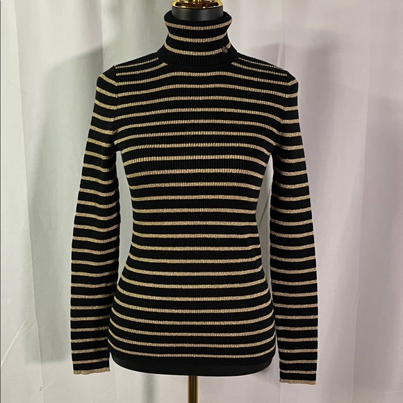 LAUREN Ralph Lauren Metallic Gold & Black Striped Ribbed Knit Turtleneck Sweater - Picture 1 of 16